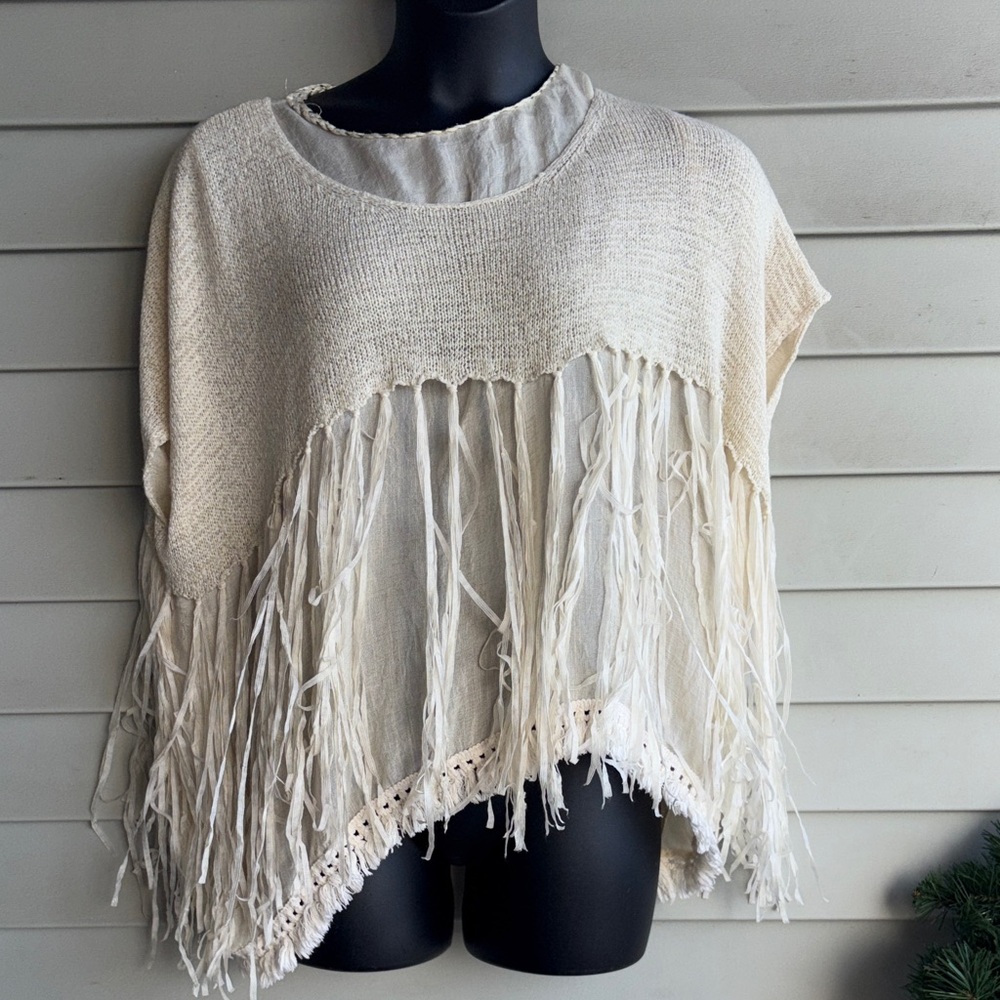Y2K Petrol Fringed Boho Tunic Cream Knit top. Size L/XL